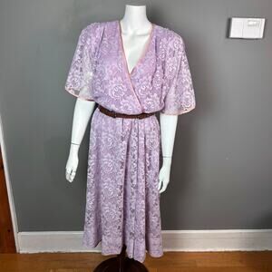 Halston III dress size 14 Floral all over Lace Wrap purple royal vintage 70s